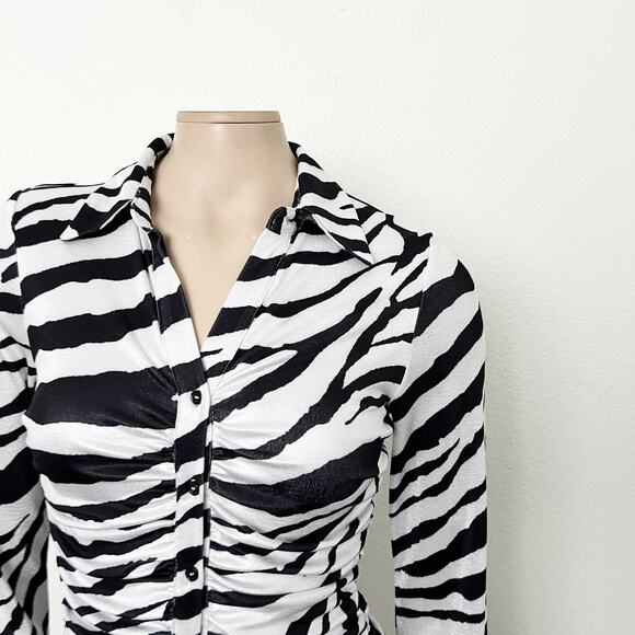 [Tiger Mist] Ryanna Zebra Print Collared Ruched Long Sleeve Mini Dress Sz Small - Picture 6 of 14